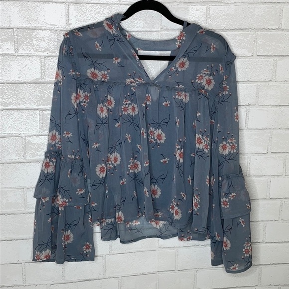American Eagle Blue Floral Keyhole Top - Picture 3 of 14